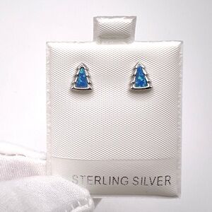 .925 Sterling Silver Lab Created Blue Opal Little Tree Earrings
